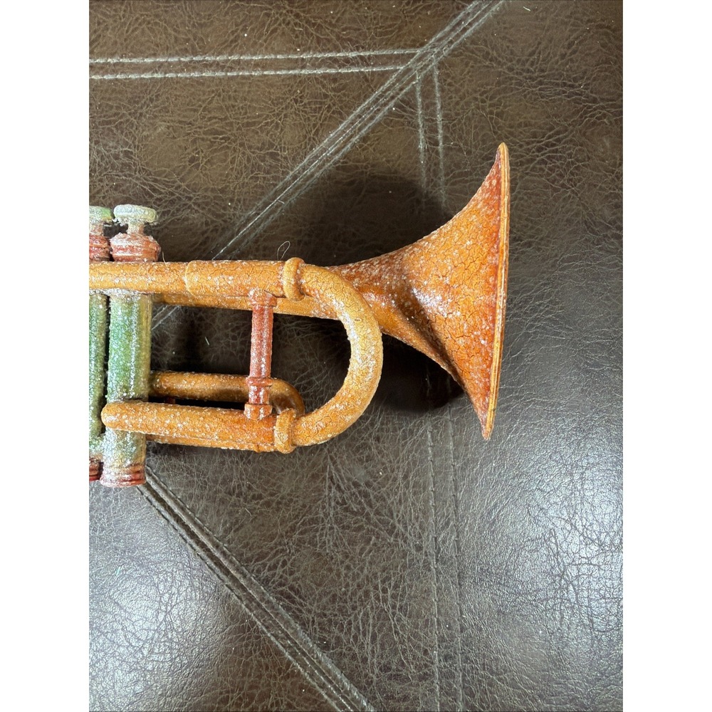 Vintage Style Glitter Trumpet Christmas Ornament Patina Orange Green Musical - Picture 7 of 13